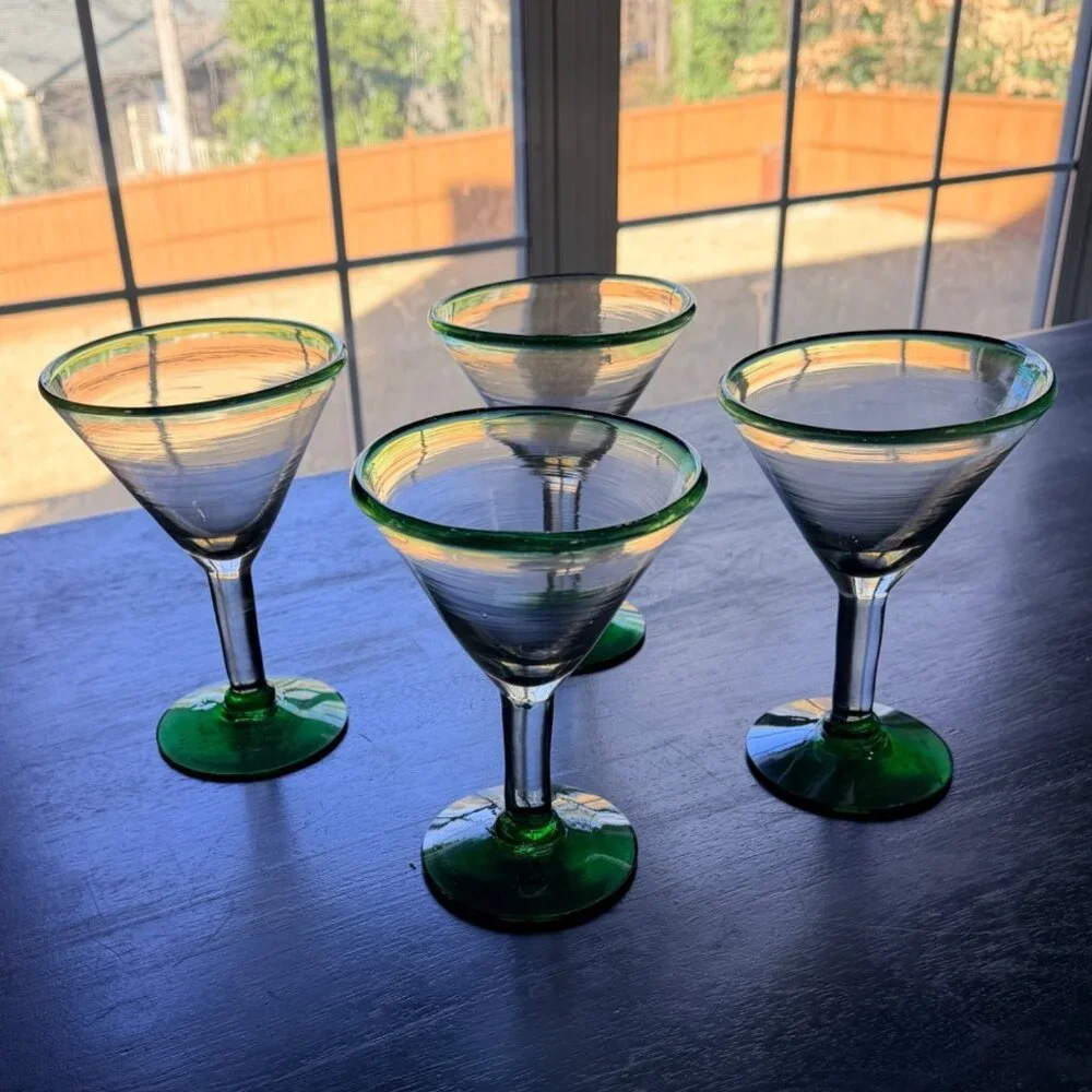 Vintage Mexican Green Rim Margarita‎ Glasses 8 oz Set of Four